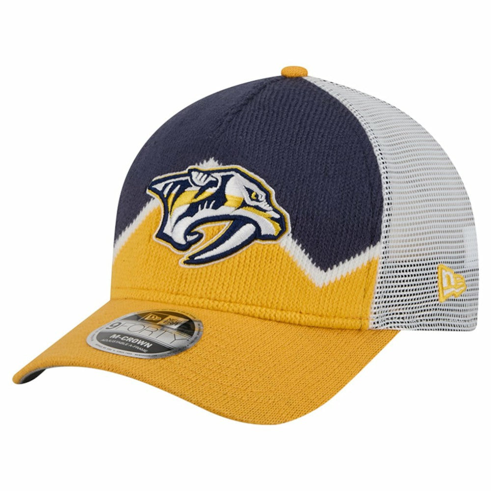 Nashville Predators New Era Hockey Sock 9FORTY A-Frame M-Crown Adjustable Trucker Hat - Gold/Navy Hats