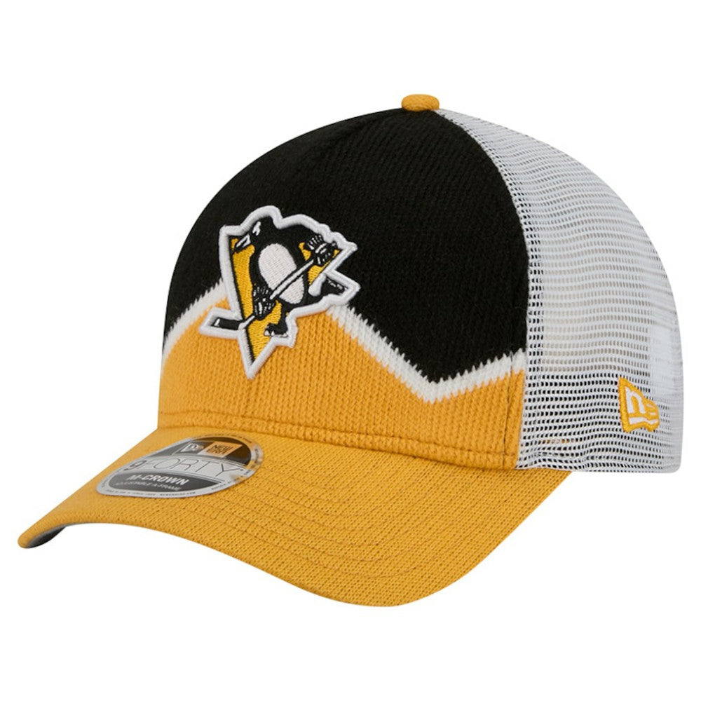 Pittsburgh Penguins New Era Hockey Sock 9FORTY A-Frame M-Crown Adjustable Trucker Hat - Gold/Black Hats