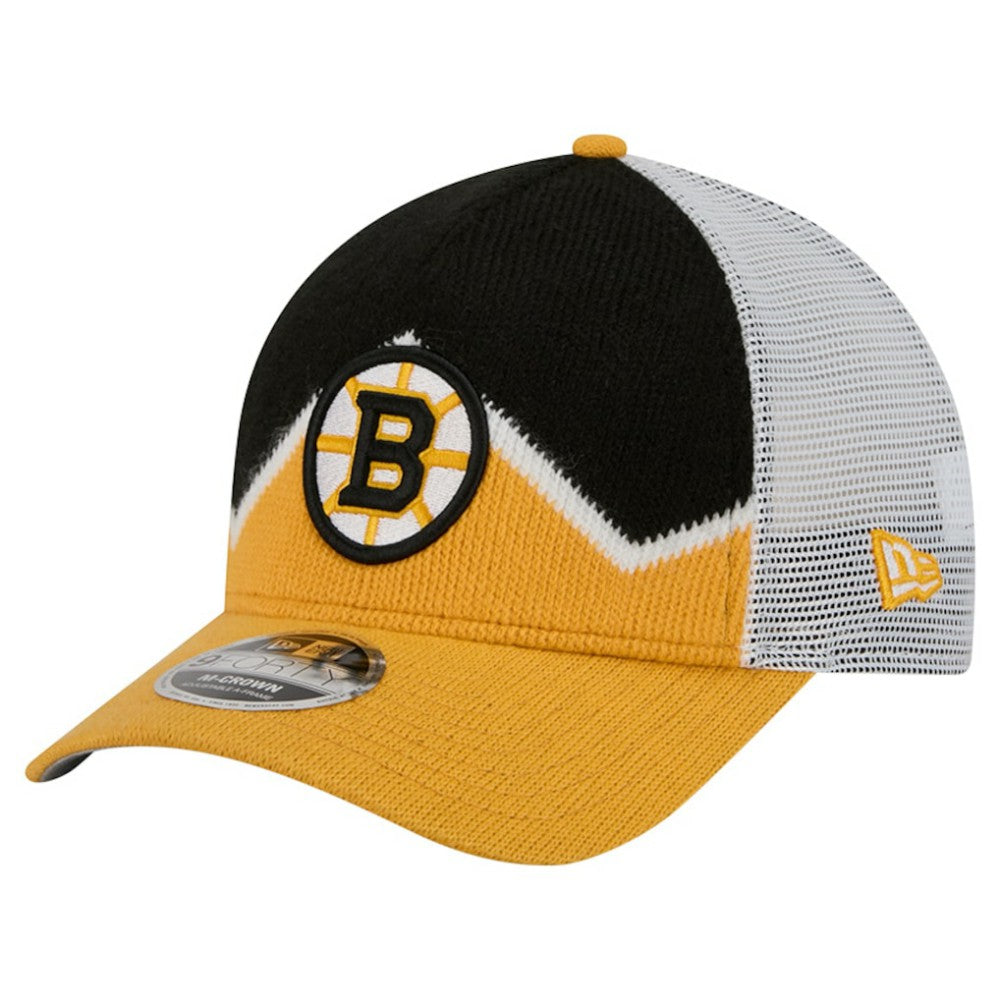 Boston Bruins New Era Hockey Sock 9FORTY A-Frame M-Crown Adjustable Trucker Hat - Gold/Black Hats