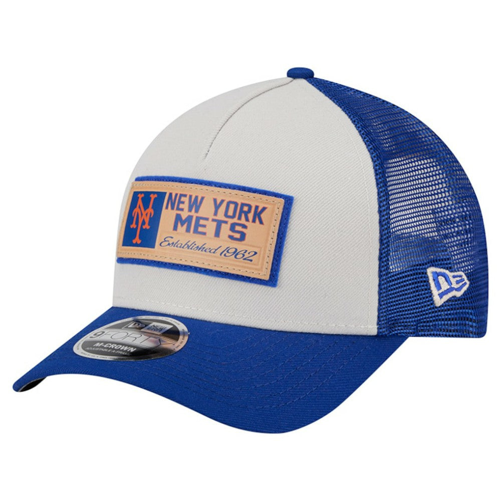 New York Mets Text A-Frame Trucker 9FORTY Hat Stone/Royal
