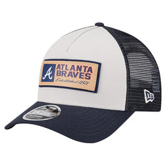 Atlanta Braves Text A-Frame Trucker 9FORTY Hat Stone/Navy