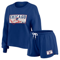 Chicago Cubs WEAR by Erin Andrews Women's Heavy Rugby Jersey Cropped Long Sleeve T-Shirt & Shorts Lounge Set Royal