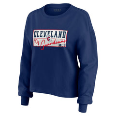 Cleveland Guardians WEAR by Erin Andrews Women's Heavy Rugby Jersey Cropped Long Sleeve T-Shirt & Shorts Lounge Set Navy