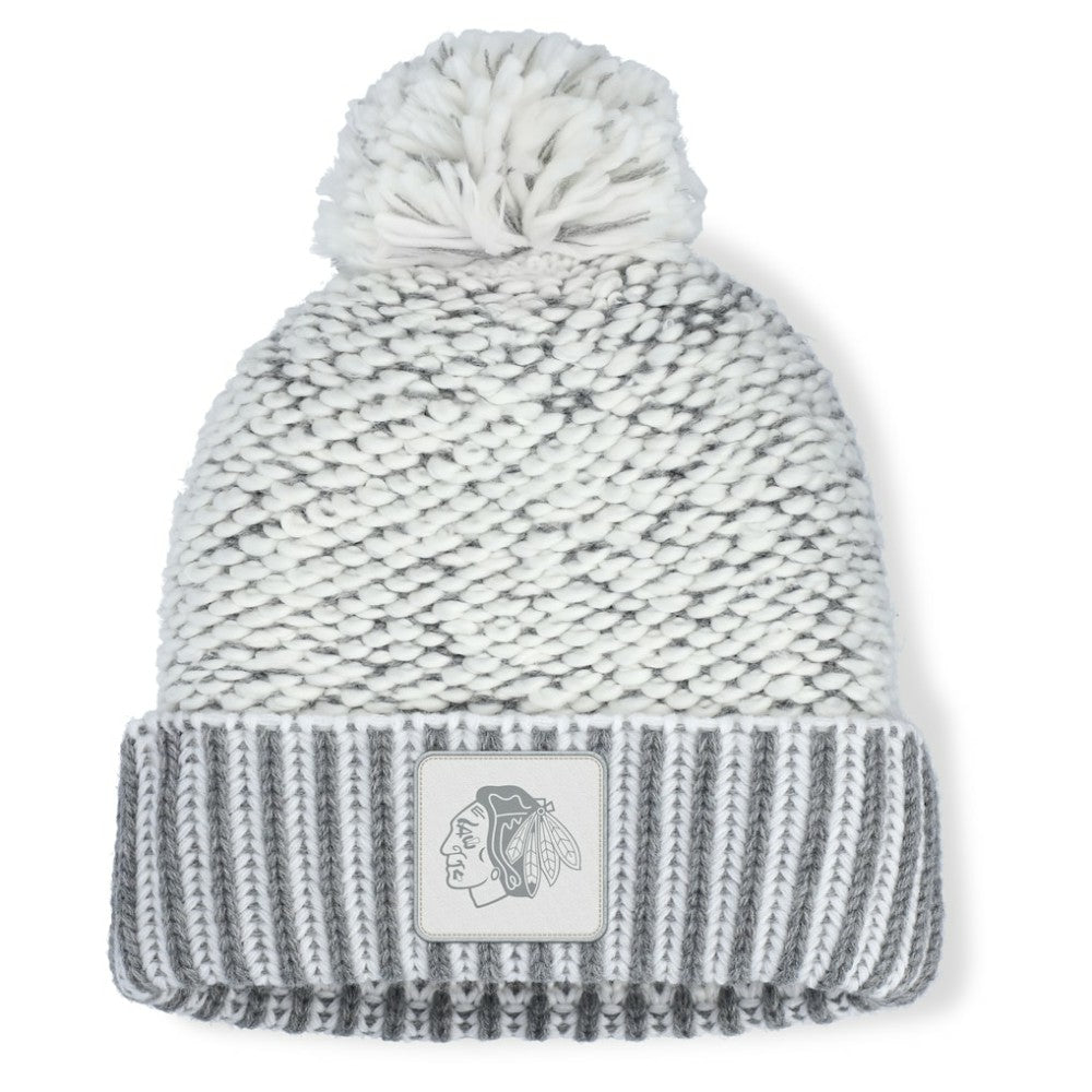 Chicago Blackhawks Fanatics Women's Fundamental Mist Cuffed Knit Hat with Pom - White/Gray Hats
