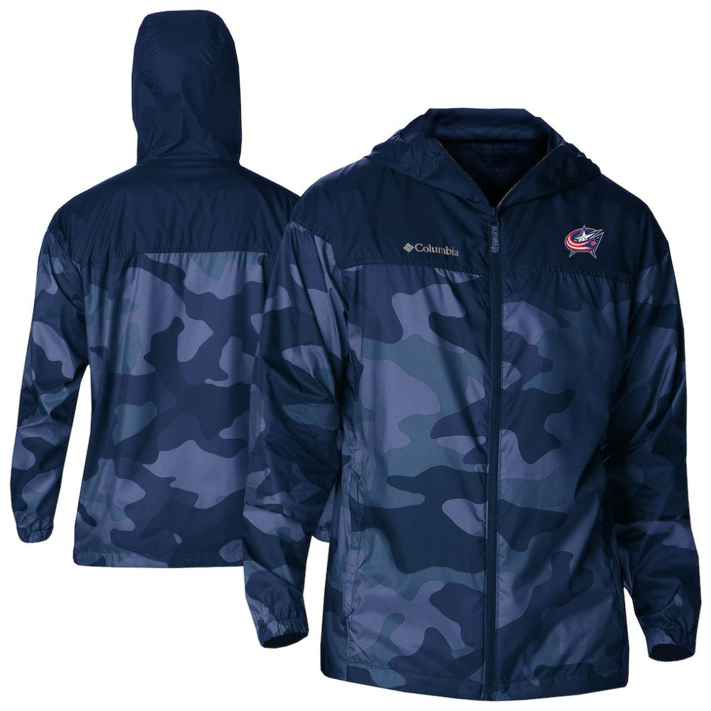 Columbus Blue Jackets Columbia Camo Flash Challenger Omni-Shade Full-Zip Hoodie Windbreaker - Navy Hoodies