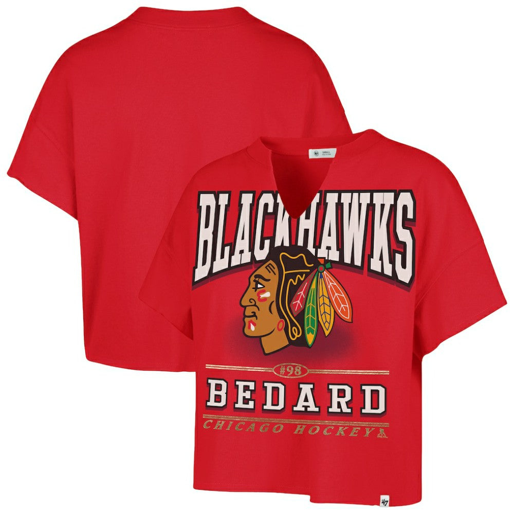 Connor Bedard Chicago Blackhawks '47 Women's Elation Name & Number Oversized Notch Neck T-Shirt - Red T-shirts