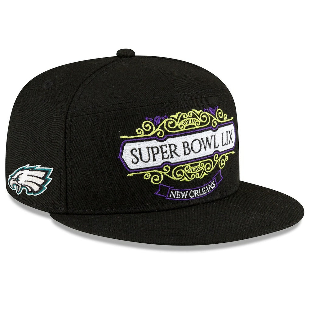 Philadelphia Eagles New Era Super Bowl LIX Tarmac Split Panel 9FIFTY Snapback Hat - Black cheap