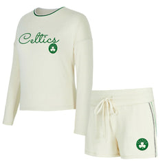 Boston Celtics Concepts Sport Women's Kaki Hacci Knit Long Sleeve Top & Shorts Set - Cream cheap