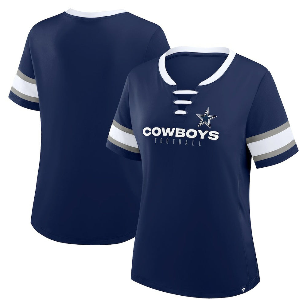 Dallas Cowboys Women's Plus Size Red Zone Athena Lace-Up V-Notch Neck T-Shirt - Navy for sale