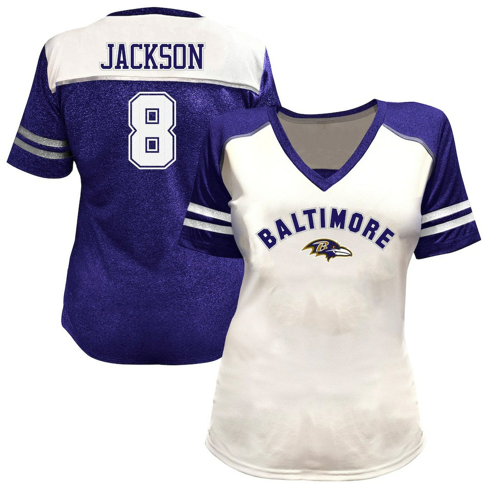 Lamar Jackson Baltimore Ravens Women's Plus Size Bling V-Neck T-Shirt - White sale