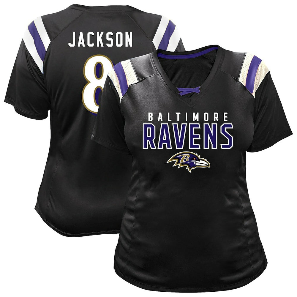 Lamar Jackson Baltimore Ravens Women's Plus Size Name & Number Raglan Lace V-Neck T-Shirt - Black outlet