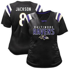 Lamar Jackson Baltimore Ravens Women's Plus Size Name & Number Raglan Lace V-Neck T-Shirt - Black outlet