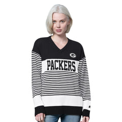 Green Bay Packers Starter Women's No Huddle Striped V-Neck Sweater - Black on sale