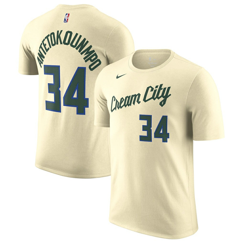 Giannis Antetokounmpo Milwaukee Bucks Unisex 2025/26 City Edition Name & Number T-Shirt - Cream for sale