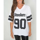T.J. Watt Pittsburgh Steelers Cuce Women's Crystal V-Neck Tunic - White outlet
