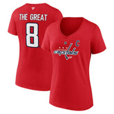 Alexander Ovechkin Washington Capitals Fanatics Women's NHL All-Time Leading Goal Scorer The Great 8 Name & Number V-Neck T-Shirt - Red T-shirts