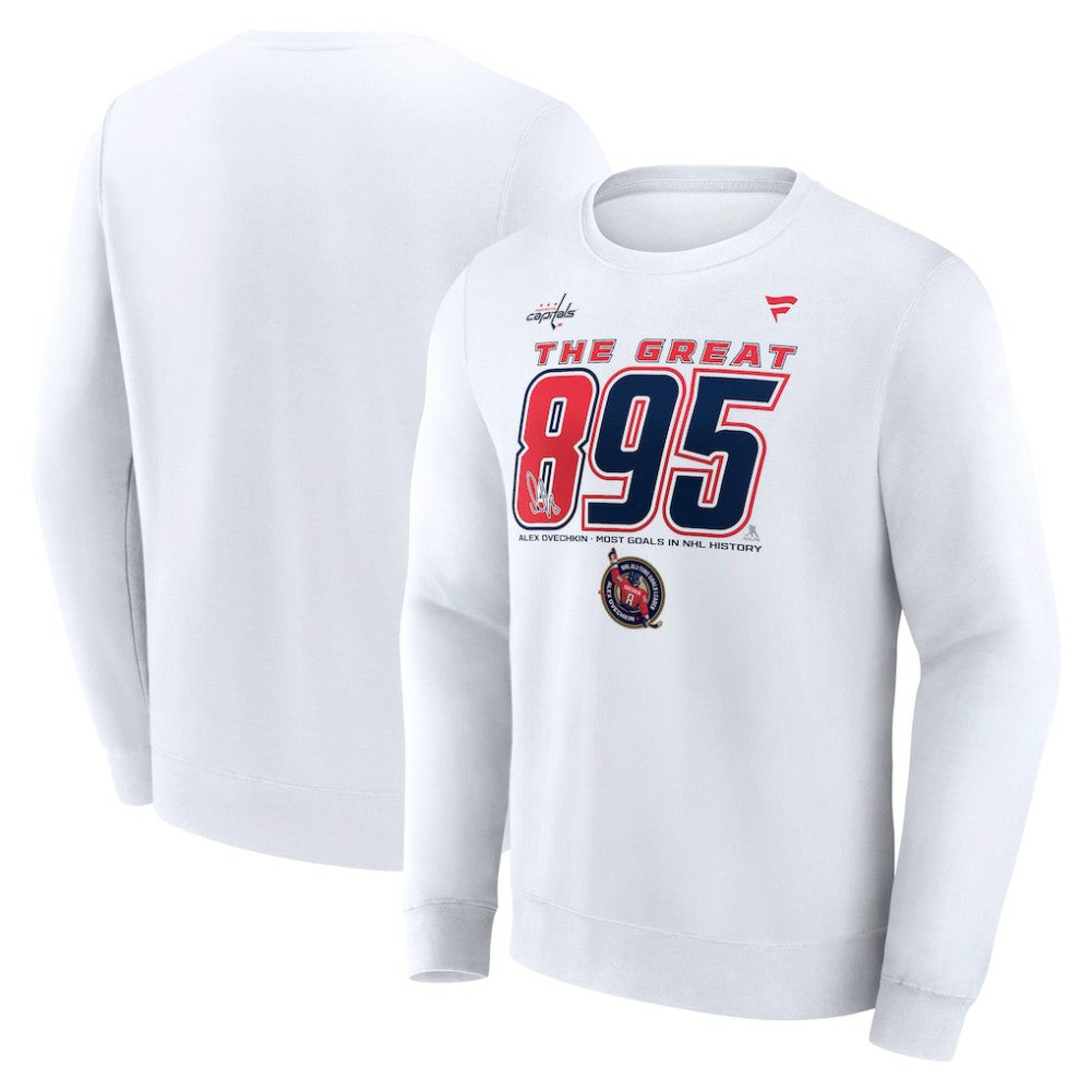 Alexander Ovechkin Washington Capitals Fanatics NHL All-Time Leading Goal Scorer The Great 895 Fleece Pullover Sweatshirt - White Sweatshirts