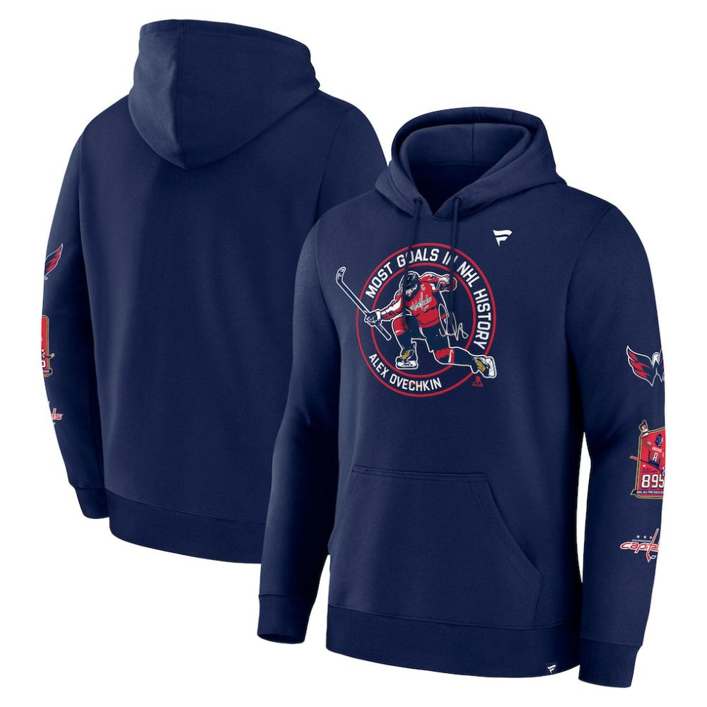 Alexander Ovechkin Washington Capitals Fanatics NHL All-Time Leading Goal Scorer Badges Pullover Hoodie - Athletic Navy Hoodies