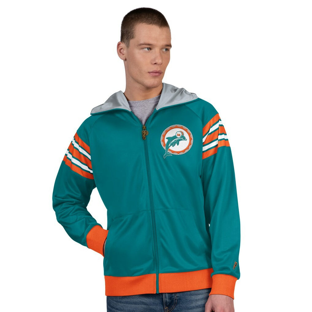Miami Dolphins Pro Player Retro Helmet Full-Zip Hooded Track Jacket - Aqua/Coral discount