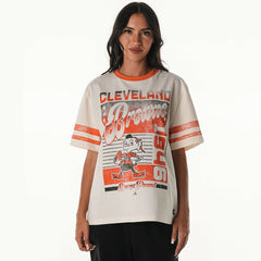 Cleveland Browns The Wild Collective Women's Vintage Drop Shoulder Oversized Boyfriend T-Shirt - Cream on sale