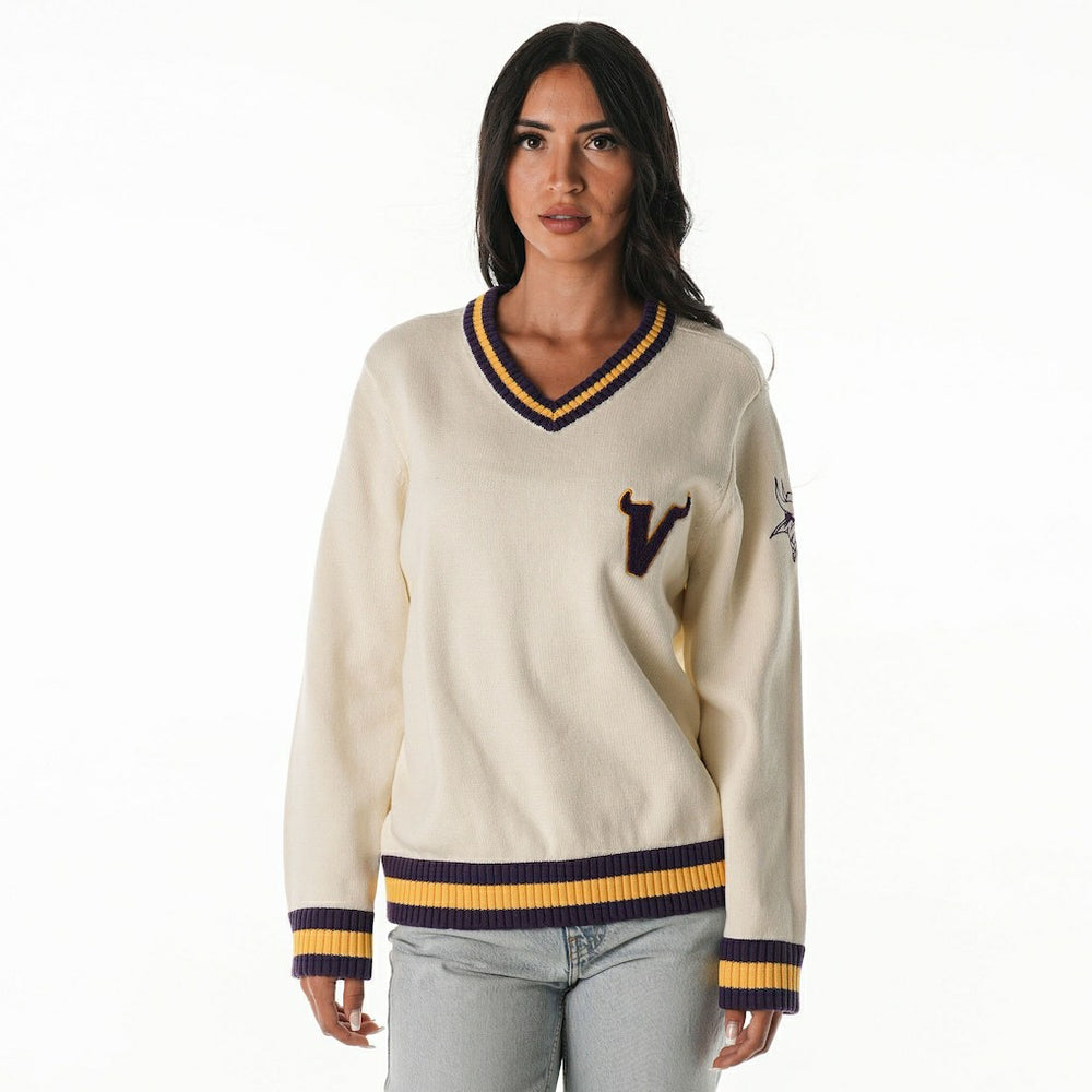 Minnesota Vikings The Wild Collective Women's Jacquard V-Neck Sweater - Cream discount