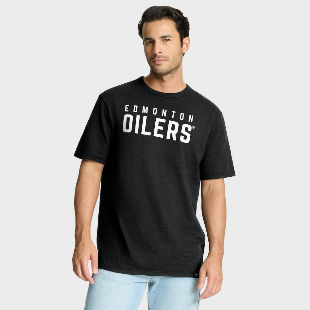 Edmonton Oilers Fanatics Play Distressed Wordmark Stadium Slub T-Shirt - Black T-shirts