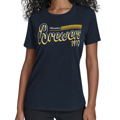 Milwaukee Brewers Starter Women's Groovy Script Team Fitted T-Shirt Navy
