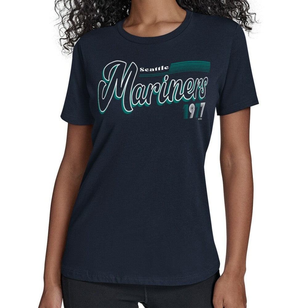Seattle Mariners Starter Women's Groovy Script Team Fitted T-Shirt Navy