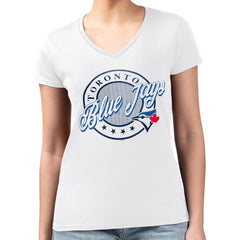 Toronto Blue Jays G-III 4Her by Carl Banks Women's Super-Slim Fit Lightweight Pinstripe Circle V-Neck T-Shirt White