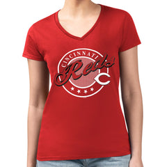 Cincinnati Reds G-III 4Her by Carl Banks Women's Super-Slim Fit Lightweight Pinstripe Circle V-Neck T-Shirt Red