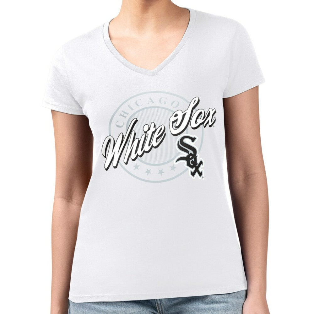 Chicago White Sox G-III 4Her by Carl Banks Women's Super-Slim Fit Lightweight Pinstripe Circle V-Neck T-Shirt White