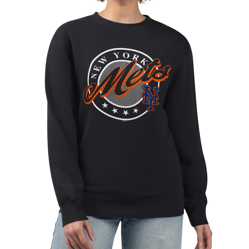New York Mets G-III 4Her by Carl Banks Women's Pinstripe Circle Team Fleece Pullover Sweatshirt Black