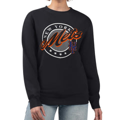 New York Mets G-III 4Her by Carl Banks Women's Pinstripe Circle Team Fleece Pullover Sweatshirt Black