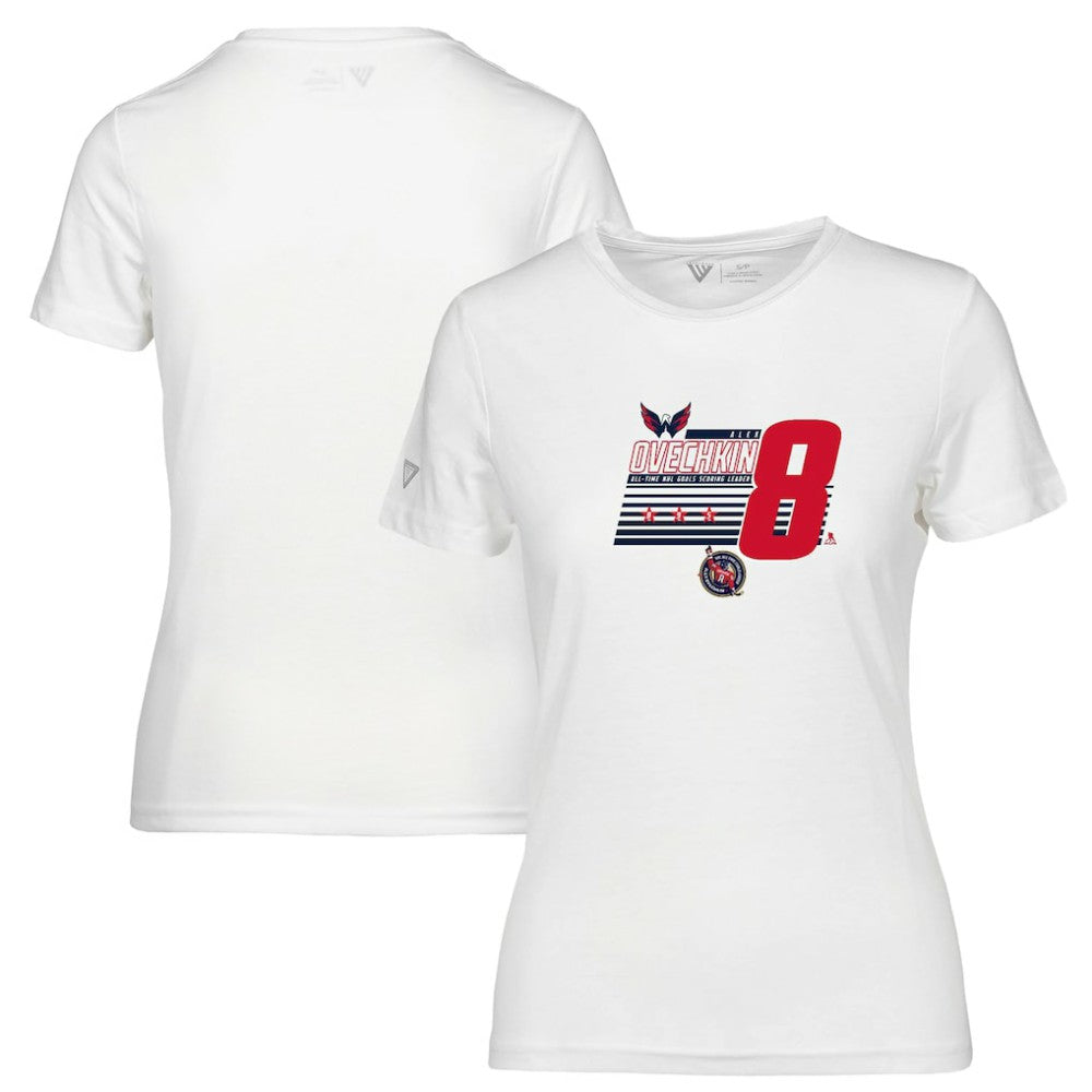 Alexander Ovechkin Washington Capitals Levelwear Women's NHL All-Time Leading Goal Scorer Milestone Stripes Name & Number Maddox T-Shirt - White T-shirts