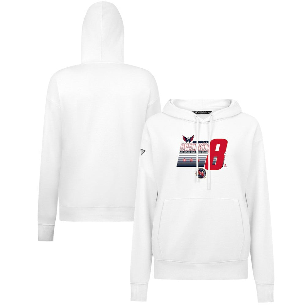 Alexander Ovechkin Washington Capitals Levelwear Women's NHL All-Time Leading Goal Scorer Milestone Stripes Name & Number Adorn Pullover Hoodie - White Hoodies
