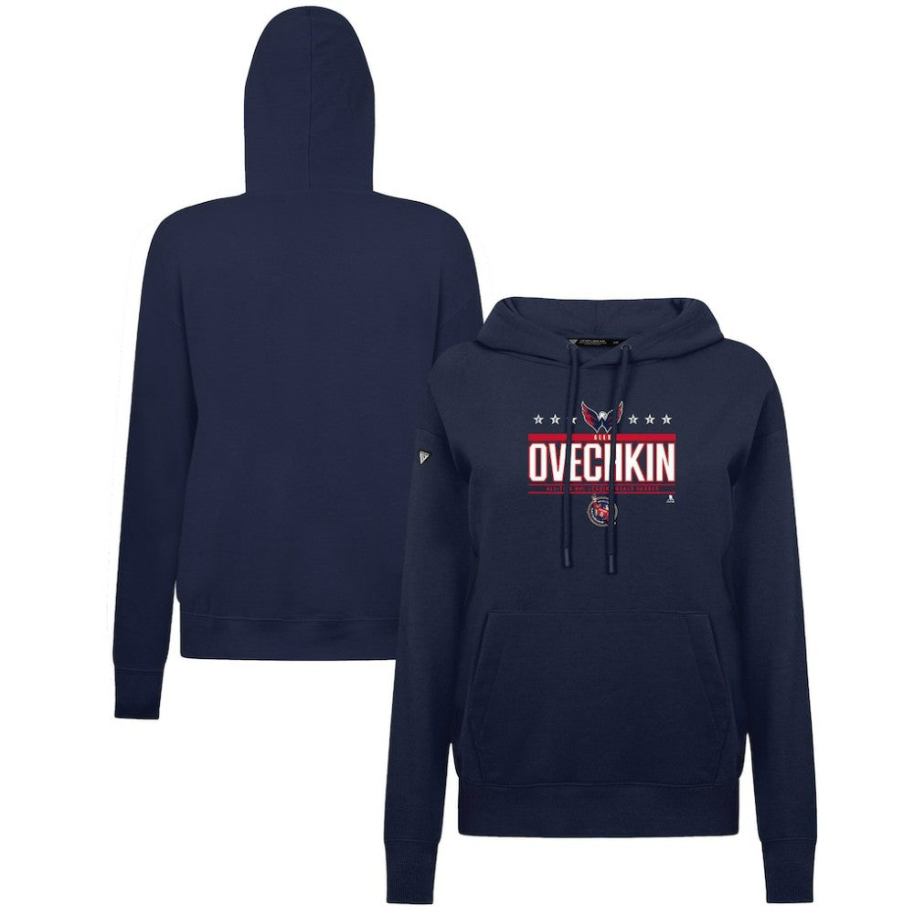 Alexander Ovechkin Washington Capitals Levelwear Women's NHL All-Time Leading Goal Scorer Milestone Stripes Name & Number Adorn Pullover Hoodie - Navy Hoodies