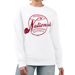 Washington Nationals G-III 4Her by Carl Banks Women's Distressed Baseball Team Fleece Pullover Sweatshirt White