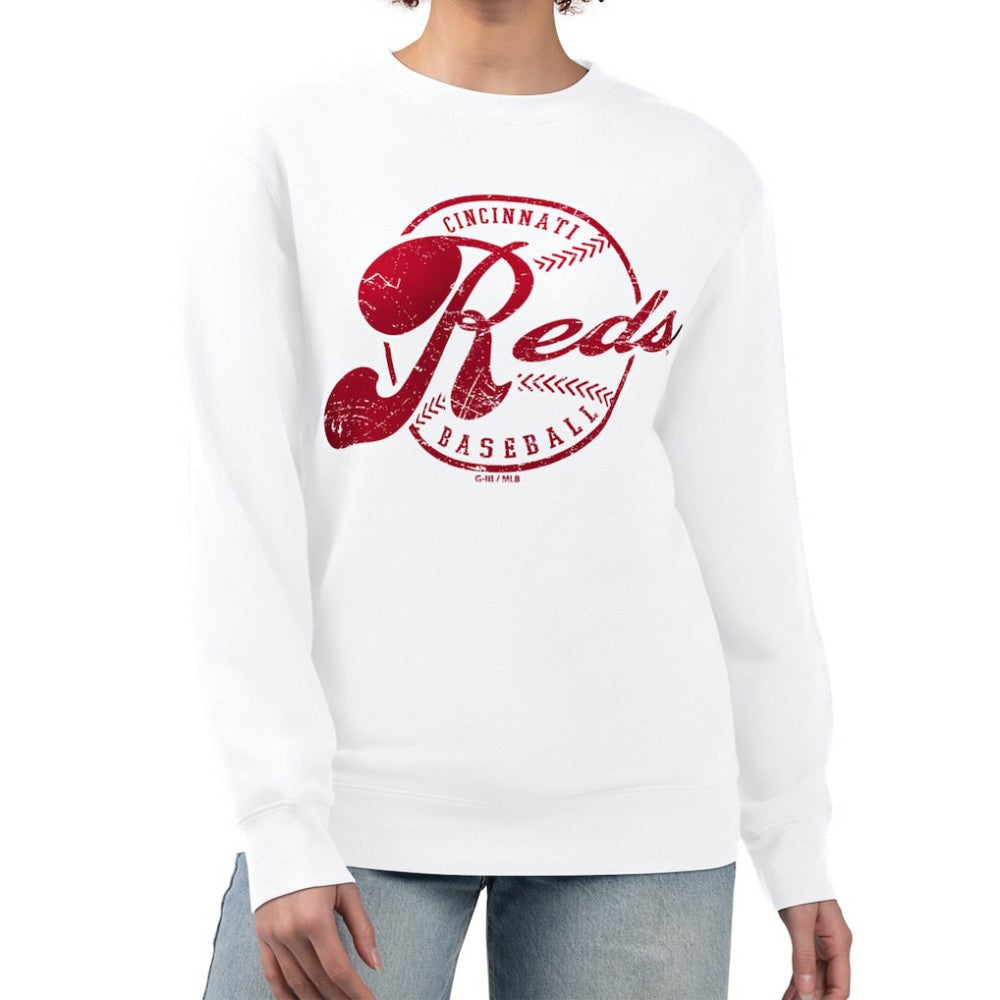 Cincinnati Reds G-III 4Her by Carl Banks Women's Distressed Baseball Team Fleece Pullover Sweatshirt White