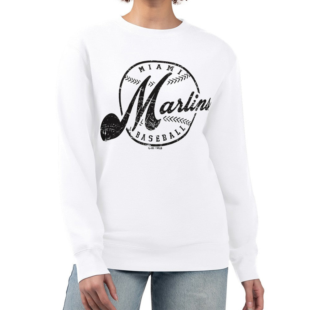 Miami Marlins G-III 4Her by Carl Banks Women's Distressed Baseball Team Fleece Pullover Sweatshirt White