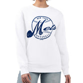 New York Mets G-III 4Her by Carl Banks Women's Distressed Baseball Team Fleece Pullover Sweatshirt White