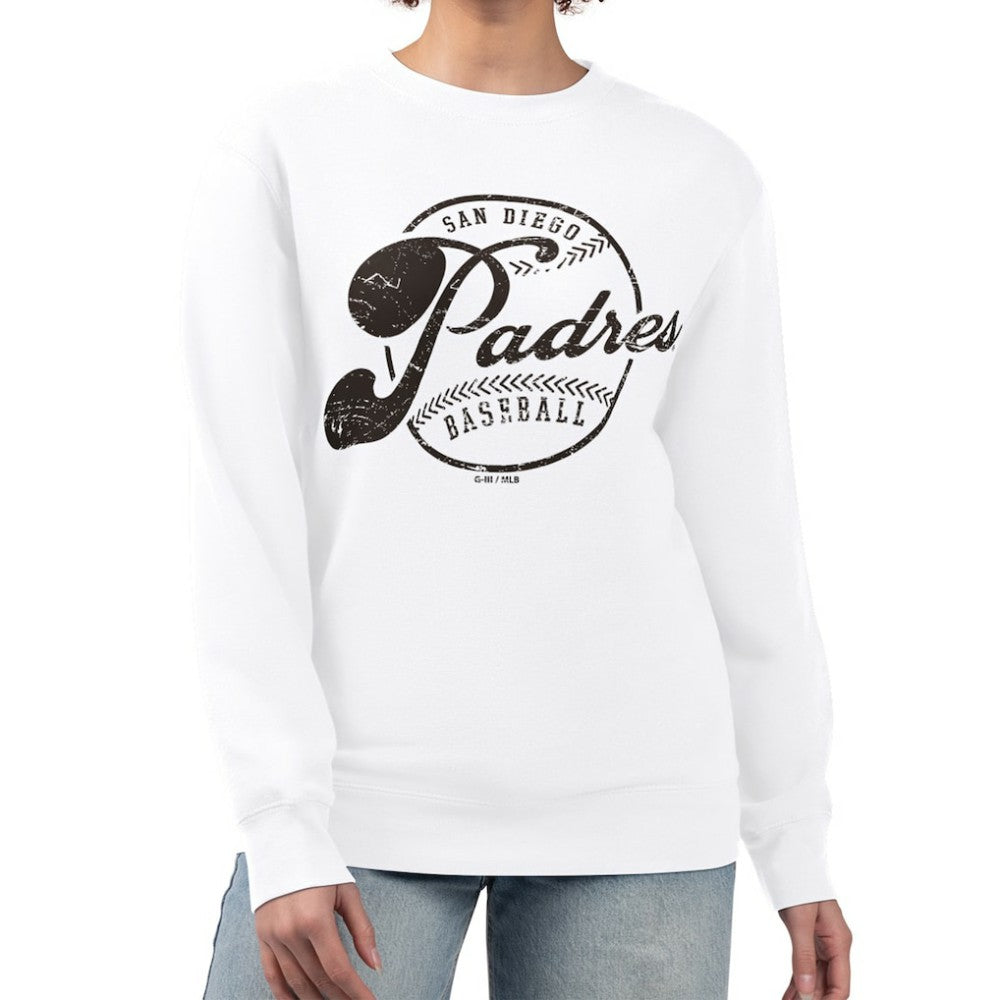San Diego Padres G-III 4Her by Carl Banks Women's Distressed Baseball Team Fleece Pullover Sweatshirt White