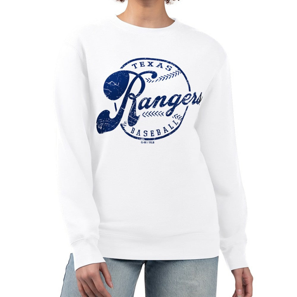 Texas Rangers G-III 4Her by Carl Banks Women's Distressed Baseball Team Fleece Pullover Sweatshirt White