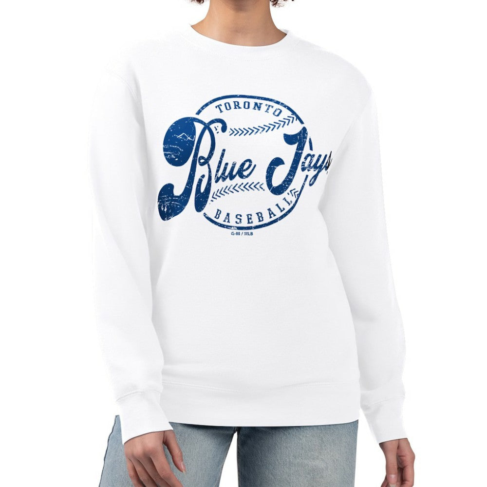 Toronto Blue Jays G-III 4Her by Carl Banks Women's Distressed Baseball Team Fleece Pullover Sweatshirt White