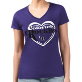 Colorado Rockies G-III 4Her by Carl Banks Women's Super-Slim Fit Lightweight Double Heart V-Neck T-Shirt Purple