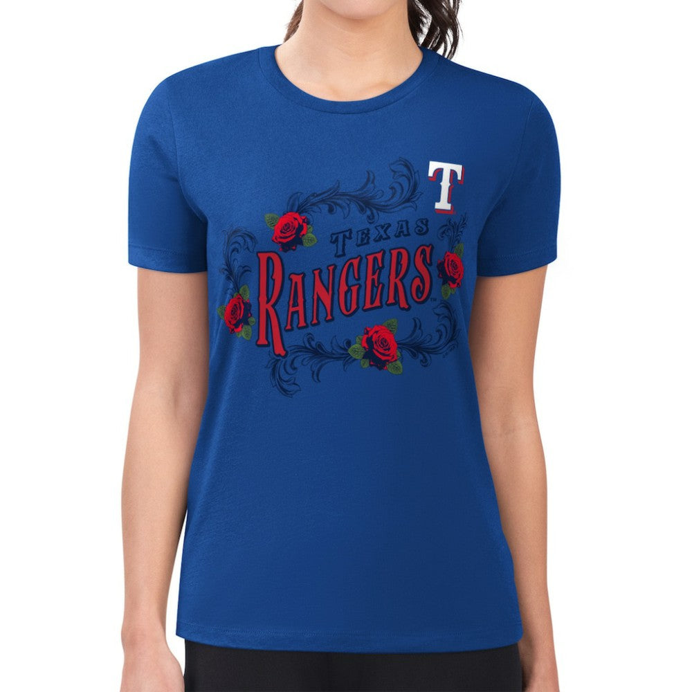 Texas Rangers G-III 4Her by Carl Banks Women's Super-Slim Fit Lightweight Retro Roses T-Shirt Royal