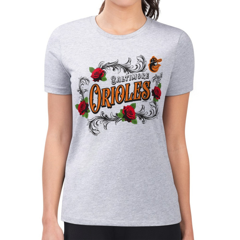 Baltimore Orioles G-III 4Her by Carl Banks Women's Super-Slim Fit Lightweight Retro Roses T-Shirt Gray
