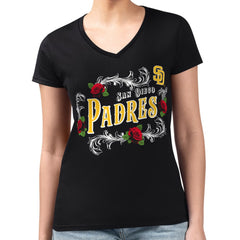 San Diego Padres G-III 4Her by Carl Banks Women's Super-Slim Fit Lightweight Retro Roses V-Neck T-Shirt Black