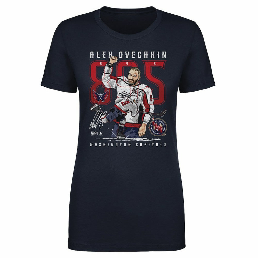 Alexander Ovechkin Washington Capitals 500 Level Women's NHL All-Time Leading Goal Scorer The Shot T-Shirt - Navy T-shirts