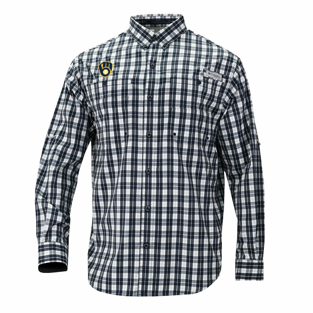 Milwaukee Brewers Super Tamiami Omni-Shade Long Sleeve Button-Down Shirt Navy