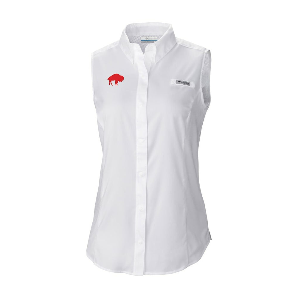 Buffalo Bills Women's Historic Tamiami Omni-Shade Sleeveless Button-Up Shirt - White on sale